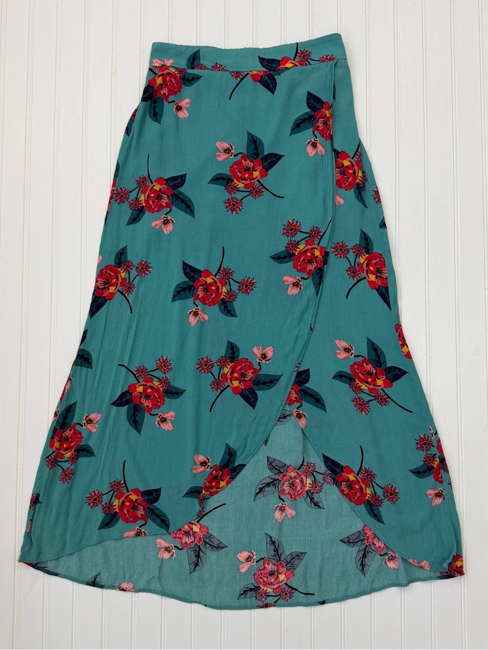 Express Teal High Low Maxi Skirt Pink Floral Faux Wrap Short Lining Size Small